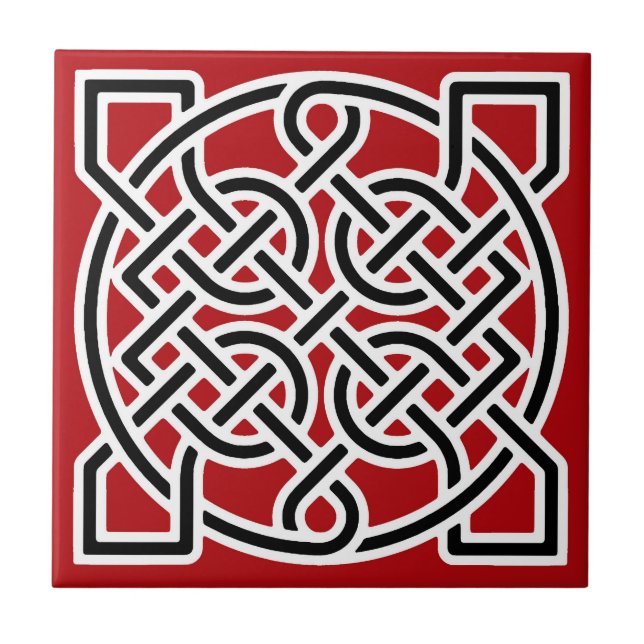 Celtic Sailor's Knot, Deep Red, Black and White Ceramic Tile (Front)