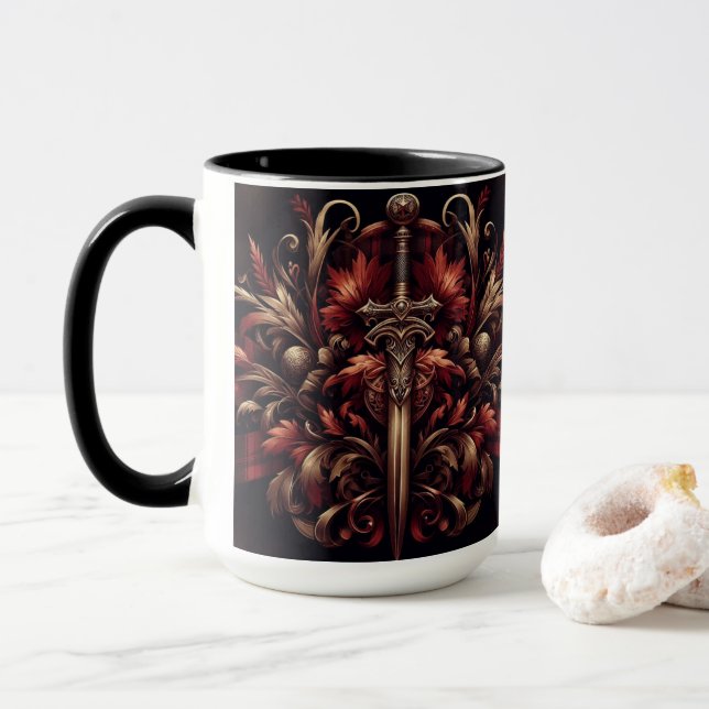 Celtic Scottish Red and Bronze Sword Mug (With Donut)