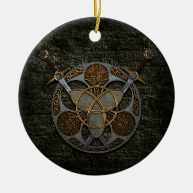Celtic Shield And Swords Ceramic Tree Decoration (Front)