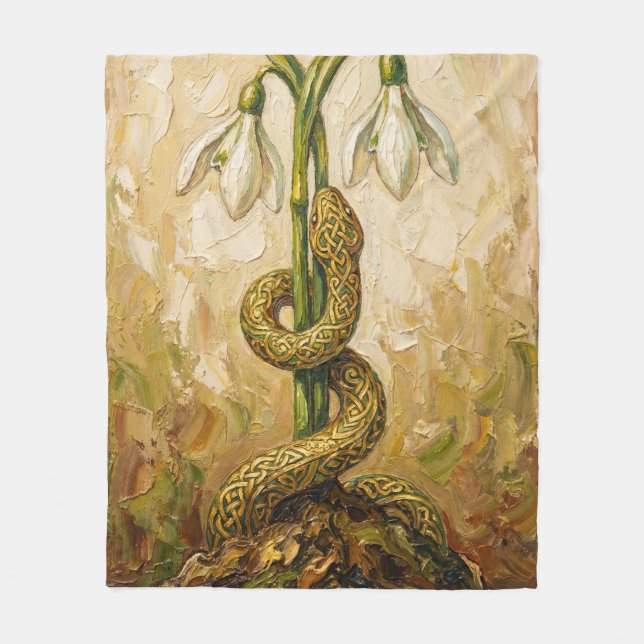 Celtic Snake Snowdrops Imbolc Rebirth Fantasy Art Fleece Blanket (Front)