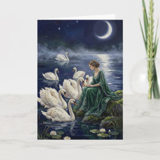 Celtic Swans Moonlit Lake Night Fantasy Art Card