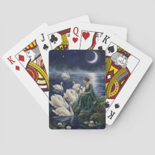 Celtic Swans Moonlit Lake Night Fantasy Art Playing Cards