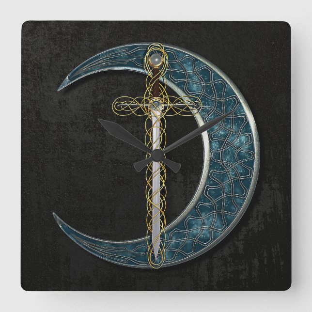 Celtic Sword and Moon Square Wall Clock (Front)