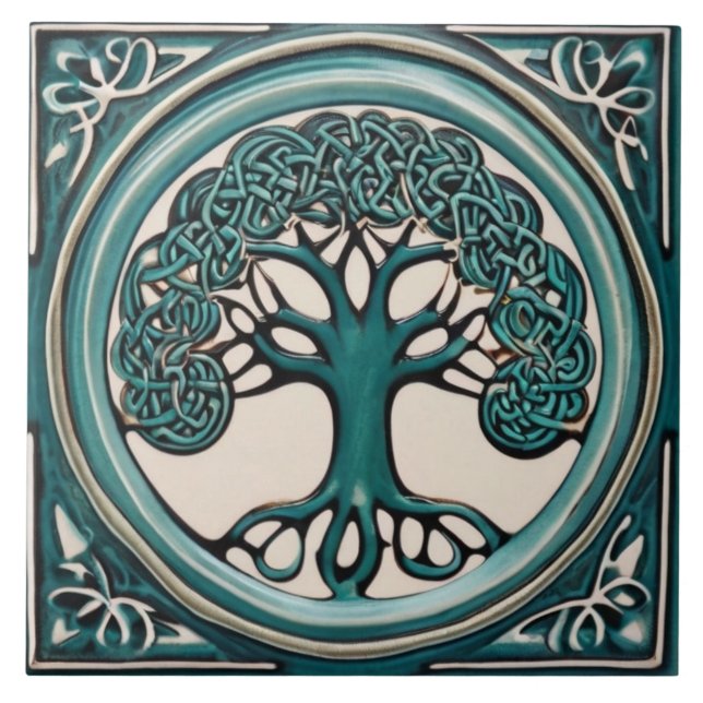Celtic Tree of Life Aqua Turquoise Faux Relief Ceramic Tile (Front)