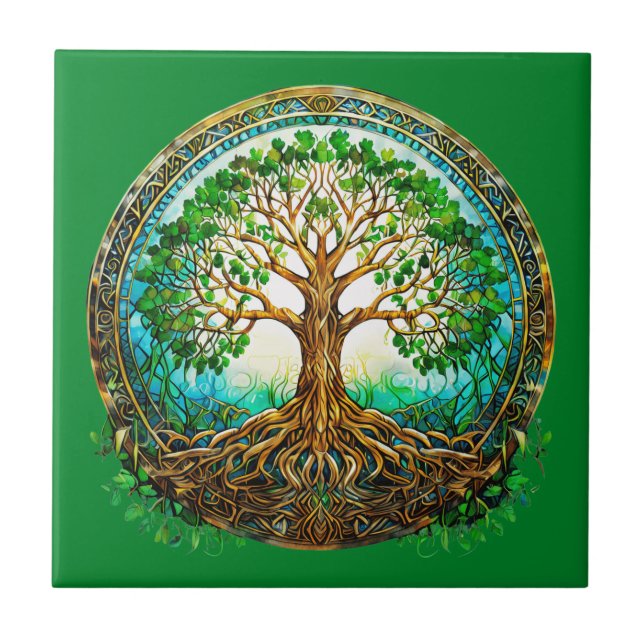 Celtic Tree of Life in Emerald Green Ceramic Tile (Front)