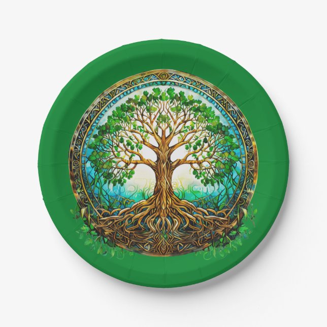 Celtic Tree of Life in Emerald Green Paper Plate (Front)