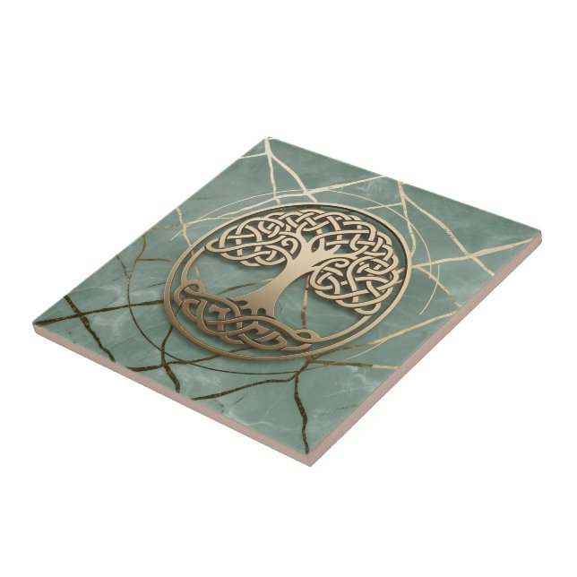 Celtic Tree of Life Sage Marble Gold Crann Bethadh Ceramic Tile (Side)