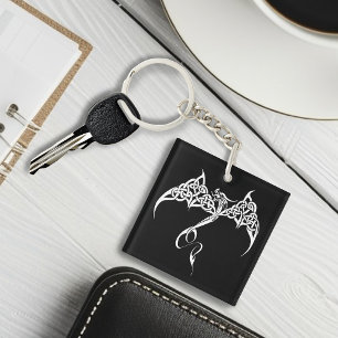 Celtic Tribal Dragon Black White Key Ring