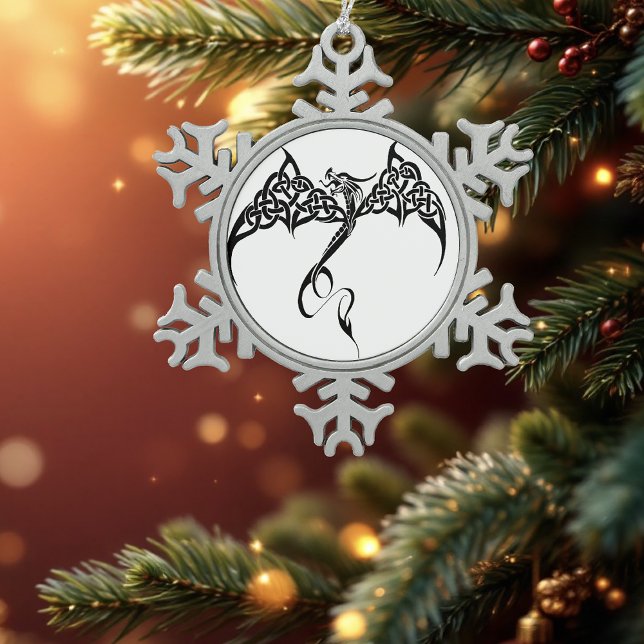 Celtic Tribal Dragon Black White Snowflake Pewter Christmas Ornament (Creator Uploaded)