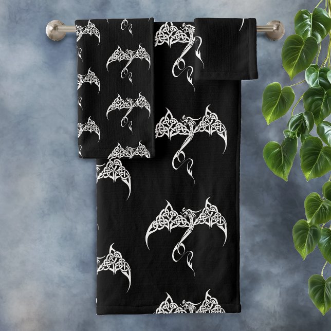 Celtic Tribal Dragon Knotwork Black White Fantasy Bath Towel Set (Creator Uploaded)