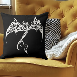 Celtic Tribal Dragon Knotwork Black White Fantasy Cushion