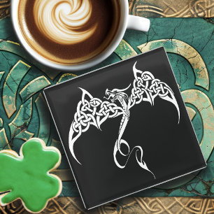 Celtic Tribal Dragon Knotwork Black White Fantasy Glass Coaster