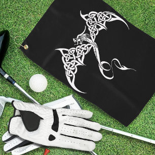 Celtic Tribal Dragon Knotwork Black White Fantasy Golf Towel