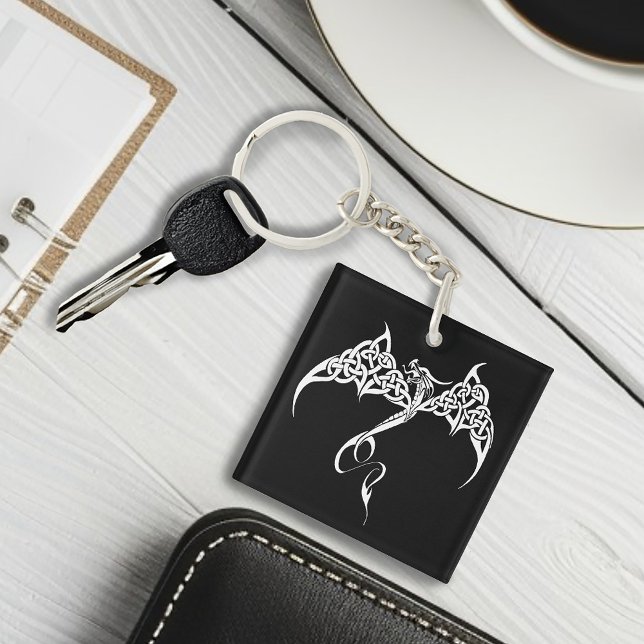 Celtic Tribal Dragon Knotwork Black White Fantasy Key Ring (Creator Uploaded)