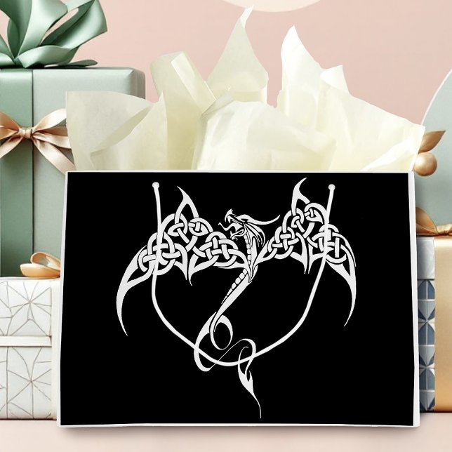 Celtic Tribal Dragon Knotwork Black White Fantasy Large Gift Bag (Creator Uploaded)
