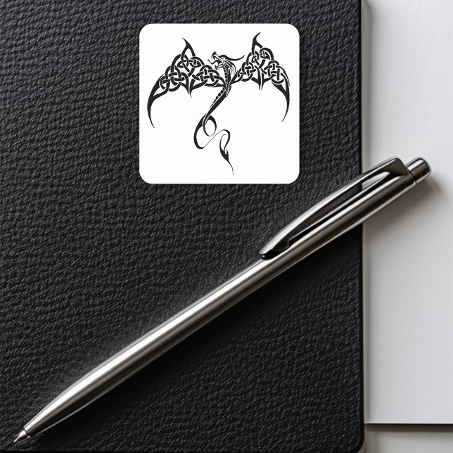 Celtic Tribal Dragon Knotwork Black White Fantasy Square Sticker (Creator Uploaded)