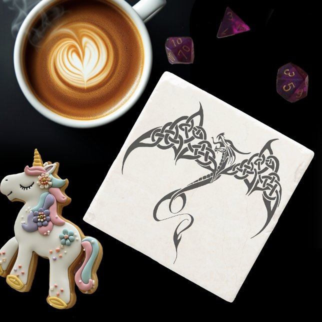 Celtic Tribal Dragon Knotwork Black White Fantasy Stone Coaster (Creator Uploaded)