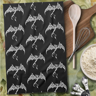 Celtic Tribal Dragon Knotwork Black White Fantasy Tea Towel