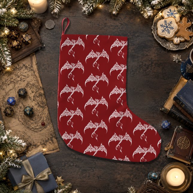 Celtic Tribal Dragon Red White Small Christmas Stocking (Creator Uploaded)