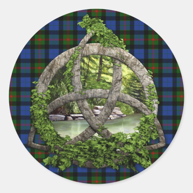 Celtic Trinity Knot And Clan Gunn Tartan Classic Round Sticker (Front)