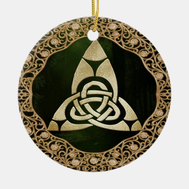 Celtic Trinity Knot on Forest Shadows  Ceramic Ornament (Front)