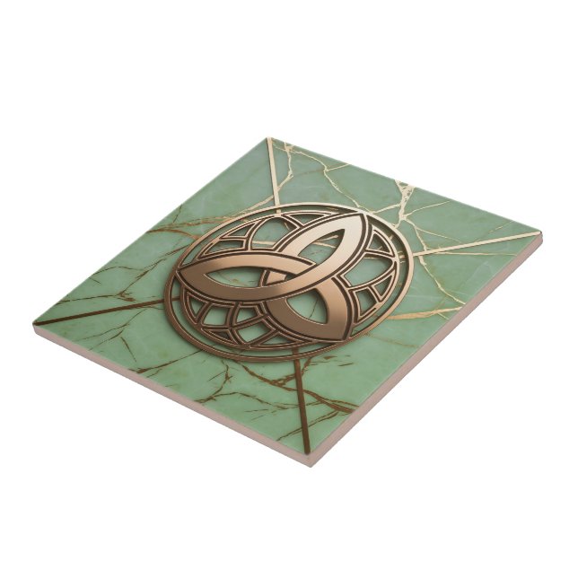 Celtic Trinity Knot on Sage Marble Gold Veins Ceramic Tile (Side)
