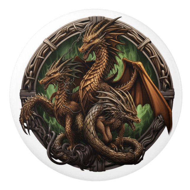 Celtic Triple Dragon Ceramic Knob (Front)