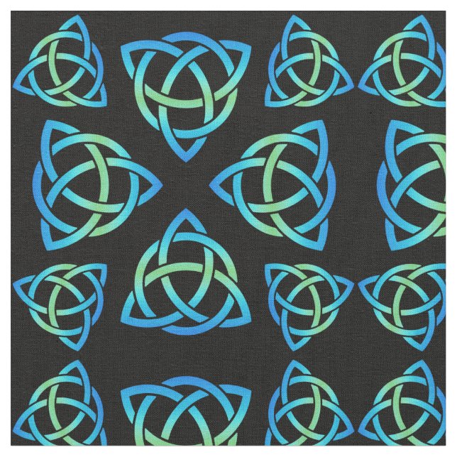 Celtic Triquetra Pattern Blues and Green on Black Fabric (Close Up)