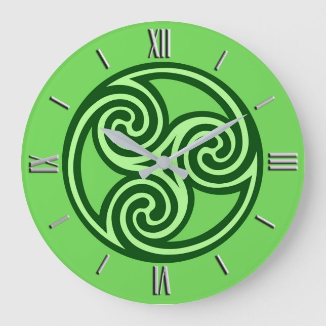 Celtic Triskel Ornament, Lime and Dark Green Large Clock (Front)