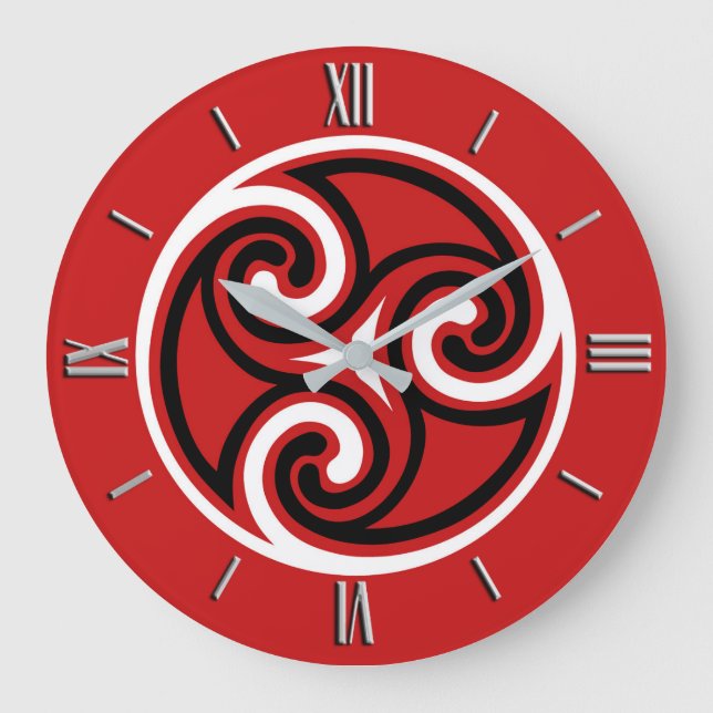 Celtic Triskele Ornament, Red, Black and White Large Clock (Front)