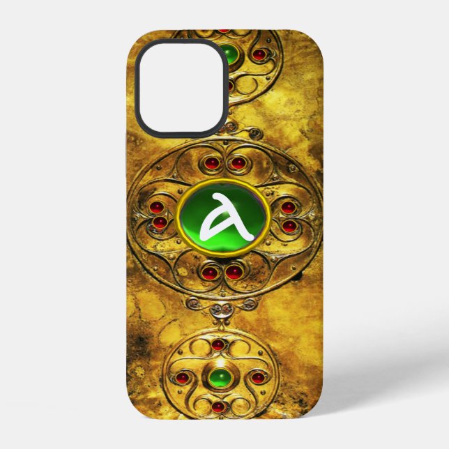 CELTIC WARRIOR SHIELD EMERALD RUBY GEM  MONOGRAM iPhone CASE (Back)