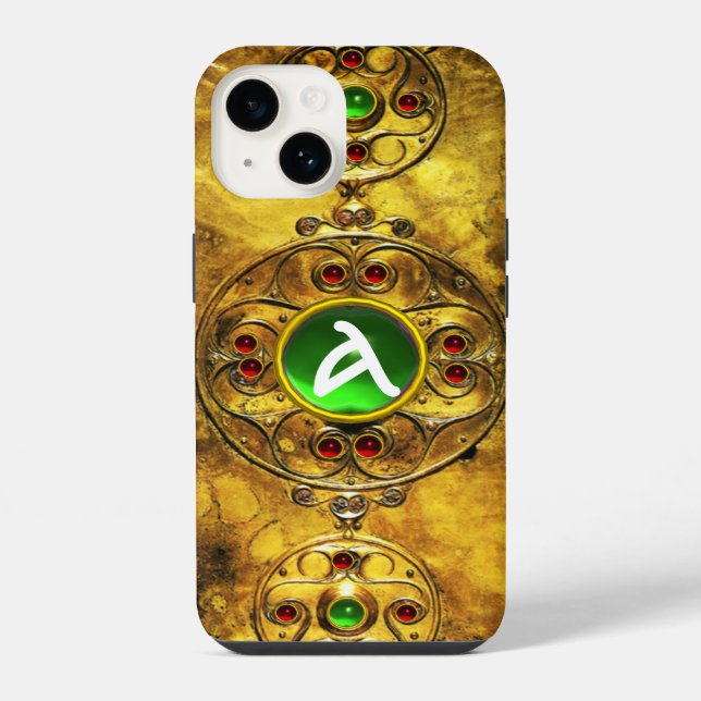 CELTIC WARRIOR SHIELD EMERALD RUBY GEM  MONOGRAM iPhone CASE (Back)
