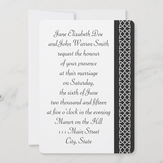 Celtic Weave Hearts in Black Wedding Invitation (Front)