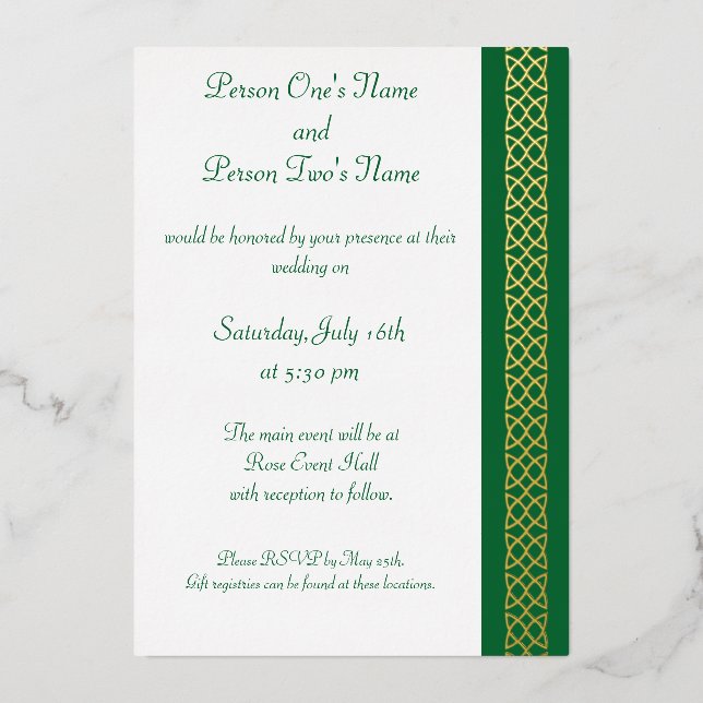 Celtic Weave Hearts in Green Foil Invitation (Front)