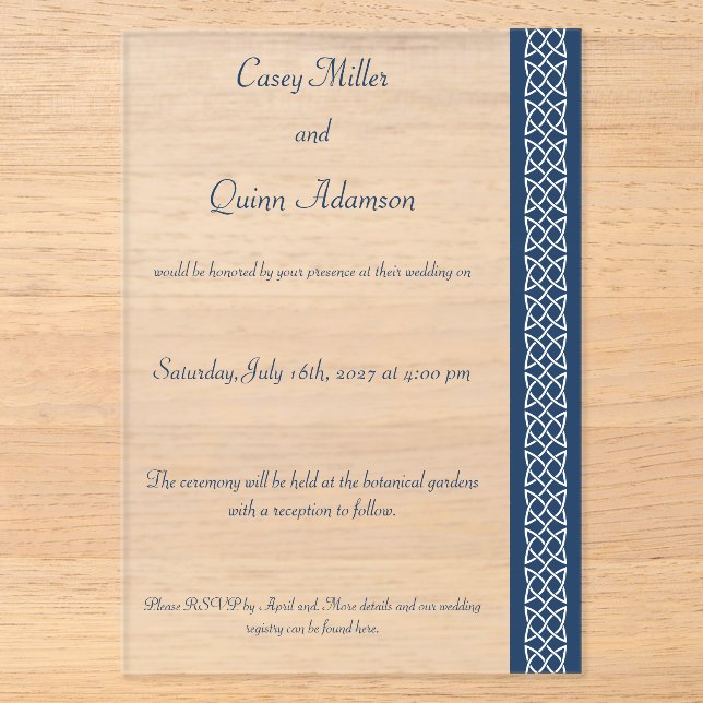 Celtic Weave Hearts in Navy Acrylic Wedding  Invitations (Front)