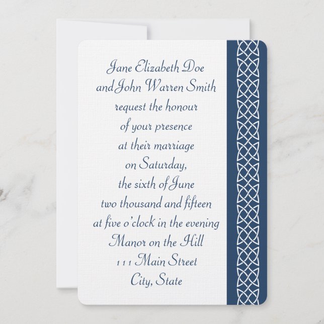 Celtic Weave Hearts in Navy Wedding Invitation (Front)
