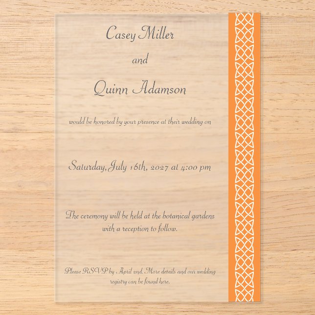 Celtic Weave Hearts in Orange Acrylic Wedding  Invitations (Front)