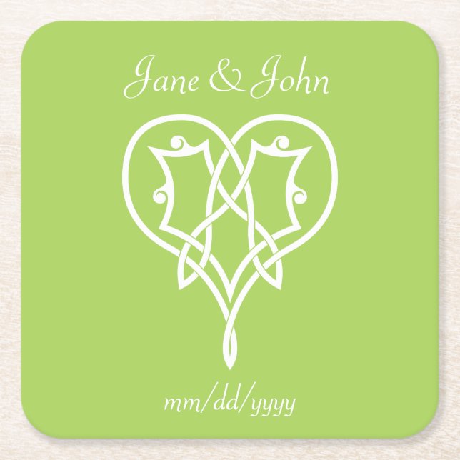 Celtic Weave Hearts in Peridot Paper Coaster (Front)