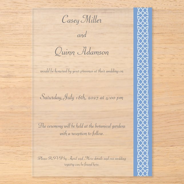 Celtic Weave Hearts in Periwinkle Acrylic Wedding  Invitations (Front)