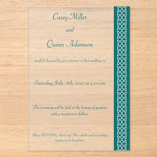 Celtic Weave Hearts in Teal Acrylic Wedding  Invitations (Front)