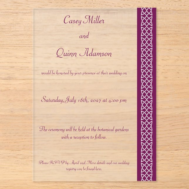 Celtic Weave Hearts in Wine Acrylic Wedding  Invitations (Front)