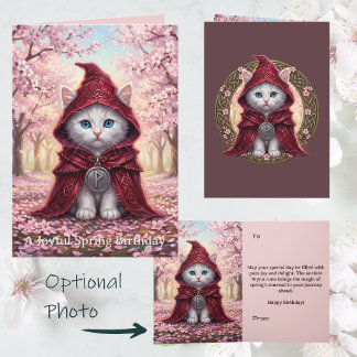 Celtic White Cat Cherry Blossom Spring Birthday Card