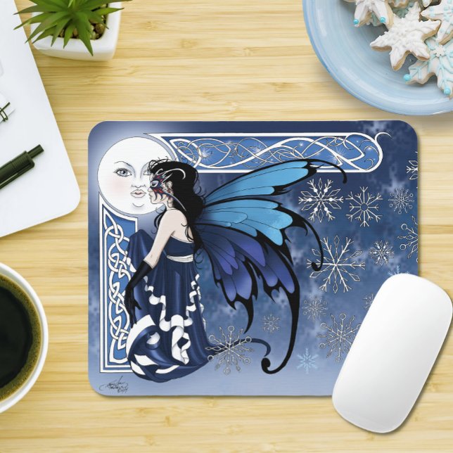 Celtic Winter Moon Fairy Blue Snowflakes Fantasy Mouse Pad (Creator Uploaded)
