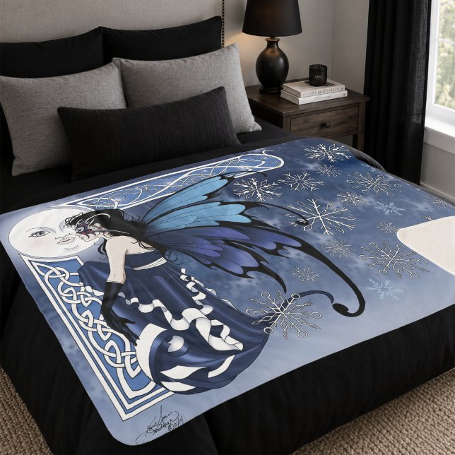 Celtic Winter Moon Fairy Blue Snowflakes Fantasy Sherpa Blanket (Creator Uploaded)