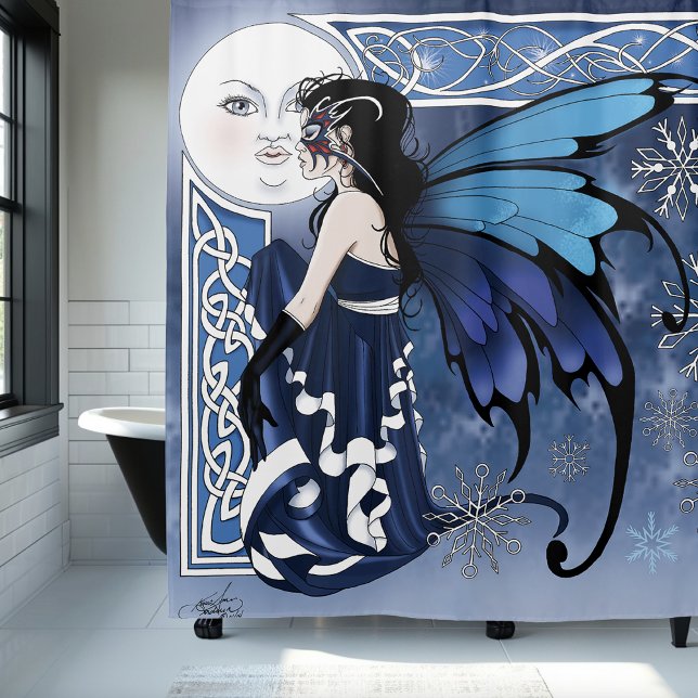 Celtic Winter Moon Fairy Blue Snowflakes Fantasy Shower Curtain (Creator Uploaded)