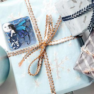 Celtic Winter Moon Fairy Blue Snowflakes Fantasy Square Sticker