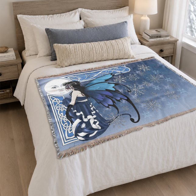 Celtic Winter Moon Fairy Blue Snowflakes Fantasy Throw Blanket (Creator Uploaded)
