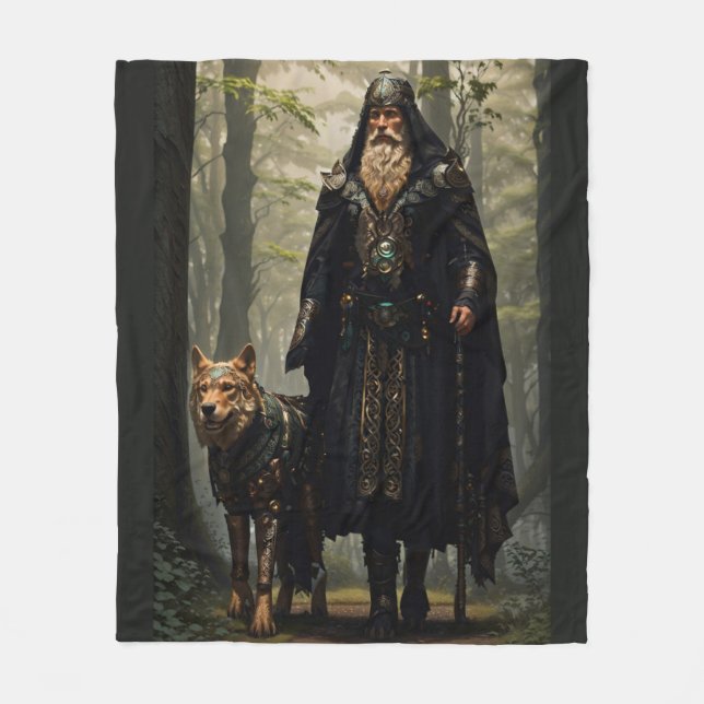 Celtic Wizard and Wolf Fleece Blanket (Front)