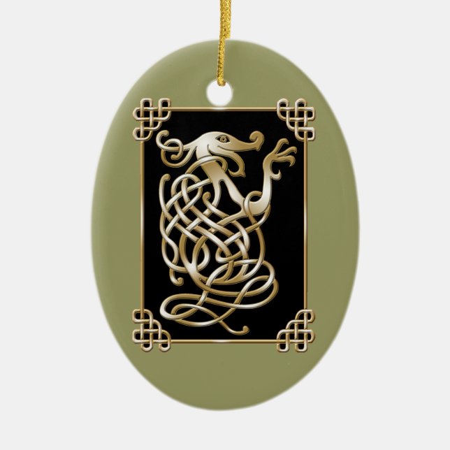 Celtic Wolf - Black Background Ceramic Tree Decoration (Front)