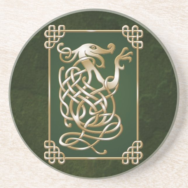 Celtic Wolf - Green Background Coaster (Front)